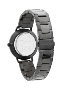 Rückseite der Uhr aus schwarzem Edelstahl mit verlinktem Armband und sichtbarem Markennamen "Tamaris" auf dem Gehäuseboden und der Schließe.