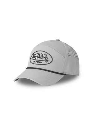 Gray cap with a curved visor, featuring a black embroidered logo and a black accent band. Mesh details on the sides enhance breathability.