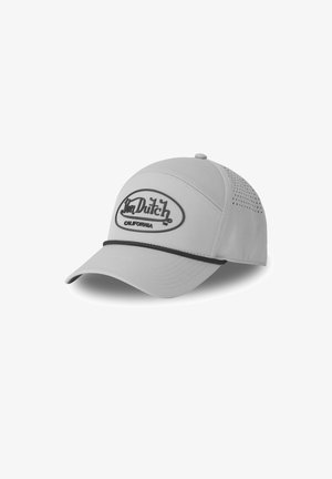 Gray cap with a curved visor, featuring a black embroidered logo and a black accent band. Mesh details on the sides enhance breathability.