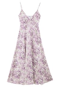 Robe fleurie en tissu léger ; elle présente une coupe portefeuille, des bretelles fines et un motif botanique lavande et vert. Silhouette évasée.