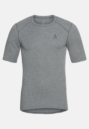 Short-sleeve gray athletic shirt made of soft fabric, featuring a round neck and a small logo on the upper left side. Seam detailing visible.