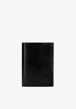 Black leather bifold wallet with textured surface and embossed brand logo in lower right corner, isolated on white background.