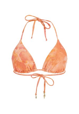 Triangular bikini top in a gradient of peach and orange with floral pattern, adjustable ties, and gold-tone hardware accents.