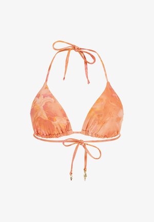 Trojuholníková bikiny podprsenka v prechode medzi broskyňovou a oranžovou farbou s kvetinovým vzorom, nastaviteľnými šnúrkami a akcentmi z pozláteného kovu.
