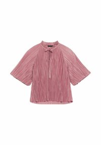 Vaaleanpunainen pleatattu lyhythihainen paita, jossa on pyöreä pääntie ja sidontadetaili edessä; kevyt ja teksturoitu kangas.