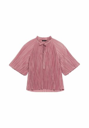 Rosa, plissierte Bluse mit kurzen Ärmeln, rundem Halsausschnitt und Bindedetail an der Vorderseite; leichtes und strukturiertes Material.