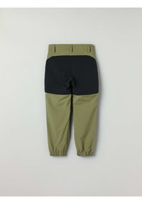 Grønne og sorte joggingbukser med elastisk talje, indsnørede ankler og et tofarvet design med glat og tekstureret stof.