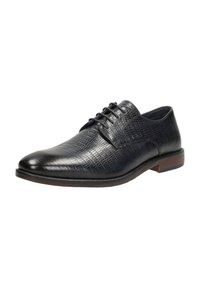 Zwarte leren dresschoenen met een gestructureerd patroon, ronde neus, vetersluiting en een gladde afwerking. Heeft een contrasterende bruine zool.