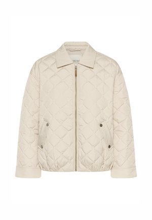 Light beige quilted jacket featuring a zip front, pointed collar, and two side pockets with snap closures. Soft texture and padded design.
