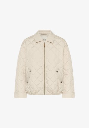 Light beige quilted jacket featuring a zip front, pointed collar, and two side pockets with snap closures. Soft texture and padded design.