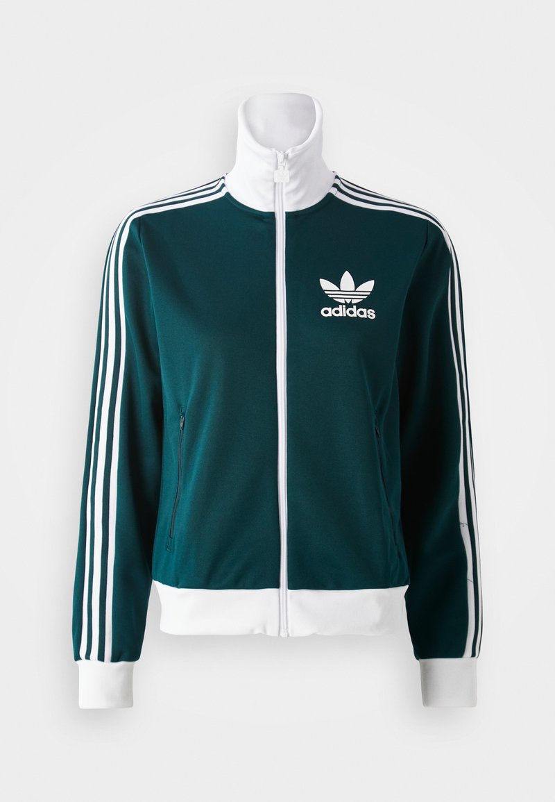 Türkise zip-up Jacke aus glattem Stoff, mit weißen drei-Streifen-Akzenten an den Ärmeln und einem weißen Kragen, sowie einem Adidas-Logo auf der Brust.