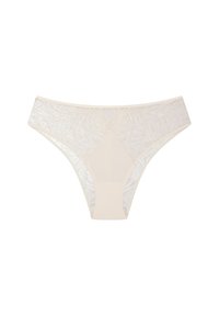 Beżowy string z przezroczystą, teksturowaną koronką z geometrycznym wzorem, miękkim pasem i minimalistycznym wzornictwem.