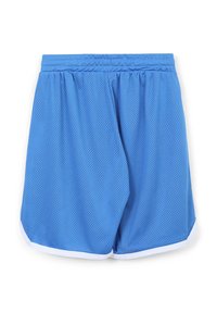 Pantaloni sportivi blu in rete con superficie texture, vita elastica e bordo bianco all'orlo, progettati per traspirabilità e comfort.