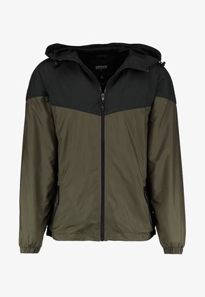 Olivgrön och svart zip-jacka med huva, med en kontrasterande färgblockdesign, elastiska manschetter och sidofickor. Lätt material.