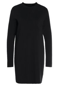 Vestito lungo nero a maniche lunghe realizzato in tessuto a maglia. Presenta un collo rotondo e una linea dritta, senza fantasie o decorazioni.