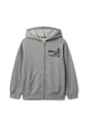 Grau Zip-Hoodie mit Kapuze, zwei Fronttaschen und besticktem "BENETTON DEPT. SINCE 1965"-Logo. Weicher Stoff und lässiges Design.