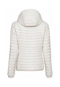 Gequilted roomkleurige jas met een capuchon, voorzien van een geribbelde zoom en manchetten. Het materiaal lijkt glad met een lichtgewicht ontwerp.