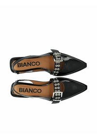 Black patent leather slingback shoes with a pointed toe, decorative strap featuring silver rivets, and a square heel. Brand logo "BIANCO" visible inside.