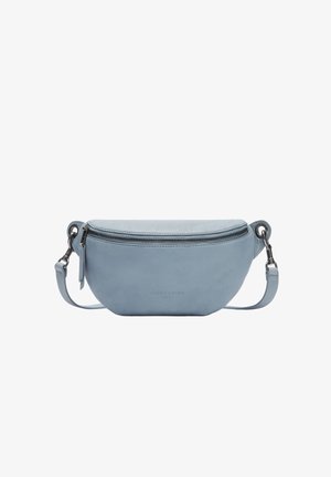 Sac à bandoulière en cuir bleu clair au design arrondi, fermeture éclair argentée et bandoulière ajustable. Présente le logo de la marque en relief à l'avant.