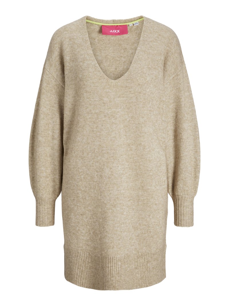 Beige oversized V-halstrik met lange, taps toelopende mouwen, ribbels aan de onderkant en subtiele textuur. Het label heeft een roze tag met "JJXX."