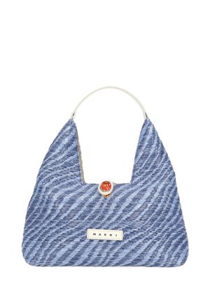 Borsa intrecciata con motivo blu e bianco a forma triangolare, con un manico singolo bianco, etichetta Marni e chiusura decorativa rotonda arancione.