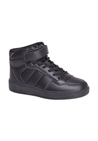 Zapatillas altas negras de cuero sintético, con cierre de cordones, correa de Velcro, cuello acolchado y suela de goma texturizada.