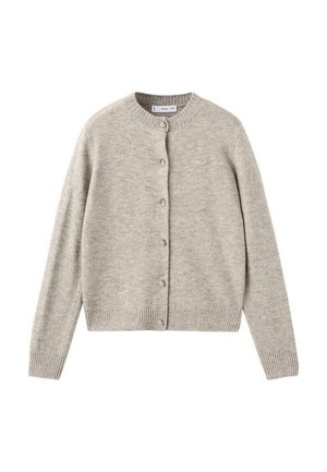 Cárdigan de punto gris con cuello redondo, cierre de botones y puños de canalé. El material parece suave y texturizado, con un color sólido.