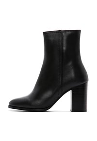 Black leather ankle boot with a pointed toe and a chunky square heel. Features smooth texture and minimal stitching details.