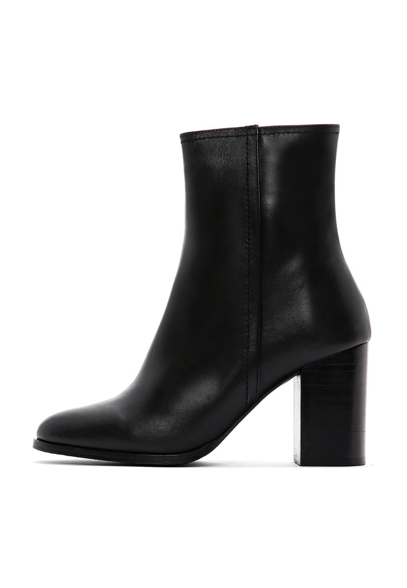 Black leather ankle boot with a pointed toe and a chunky square heel. Features smooth texture and minimal stitching details.