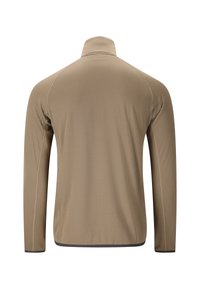 Beige Langarmjacke mit hohem Kragen, die eine strukturierte Oberfläche und einen kontrastierenden dunklen Saum sowie Manschetten aufweist.