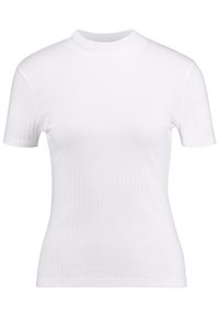 Hvid, ribbet T-shirt med korte ærmer og høj hals. Fremstillet af et glat, strækbart stof, der har lodrette linjer for tekstur og pasform.