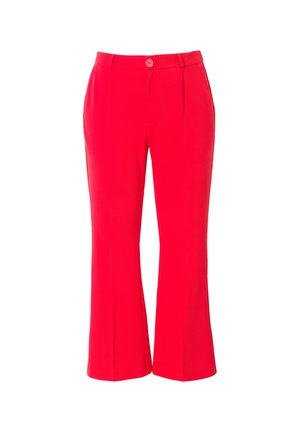 Red trousers with a straight leg design, featuring a button closure and front pleats for added detail. Soft fabric texture.