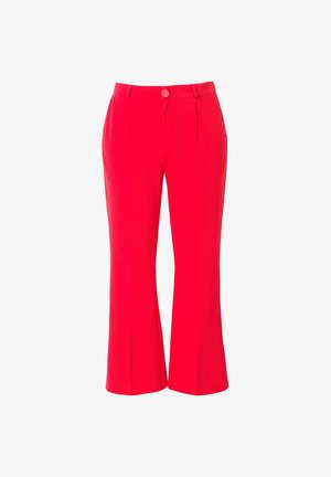 Red trousers with a straight leg design, featuring a button closure and front pleats for added detail. Soft fabric texture.