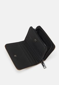 Black wallet with a zippered compartment and multiple card slots, featuring a smooth exterior and subtle logo detail.