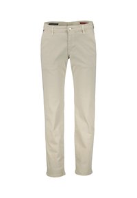 Beige cotton trousers with a straight leg design, featuring a front button and zipper closure, and subtle stitching accents.