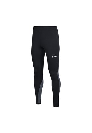 Schwarze Sportleggings mit einer taillierten Passform, Netzeinsätzen an den Seiten und einem kleinen weißen JAKO-Logo auf der Vorderseite. Glatte Textur und elastischer Stoff.