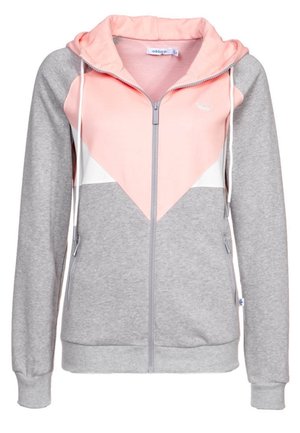 Kapuzensweatshirt mit Reißverschluss in Pink-, Weiß- und Graufarbblöcken und weißen Kordeln an der Kapuze.