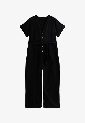 Zwart jumpsuit met korte mouwen, diepe V-hals, houten knopen, voorkruiszakken en een gestrikt tailleband. Gemaakt van een zachte stof.