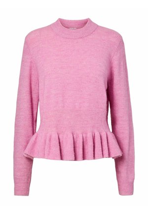 Różowy sweter dziany z prążkowanym okrągłym dekoltem, długimi rękawami i baskinką, o miękkiej fakturze i subtelnej zmianie koloru.