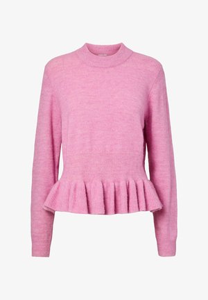 Rosa strikket genser med ribbet rund hals, lange ermer og peplumkant, med myk tekstur og subtil fargevariasjon.