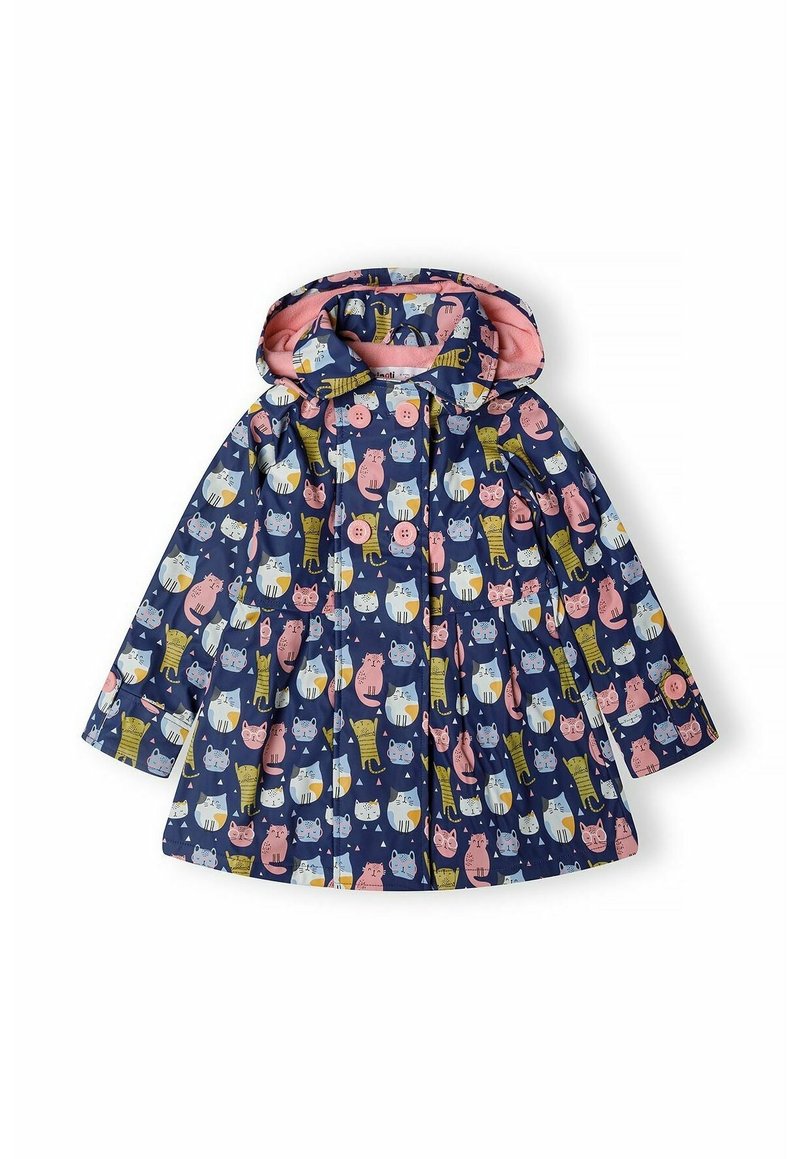 Imperméable marine avec motifs de chats et d'animaux, doublure rose, capuche, fermeture par boutons et design plissé. Matière imperméable, taille enfant.