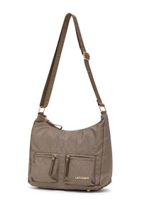 Borsa a tracolla marrone con texture, due tasche frontali con cerniera, dettagli in metallo dorato e tracolla regolabile con logo.