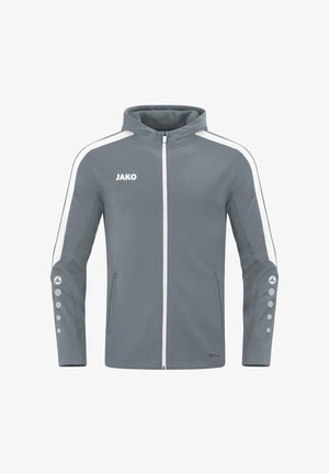 Grau Sportjacke mit durchgehendem Reißverschluss, weißen Akzentstreifen und gepunktetem Ärmelbesatz. Hergestellt aus glattem, leichtem Stoff.