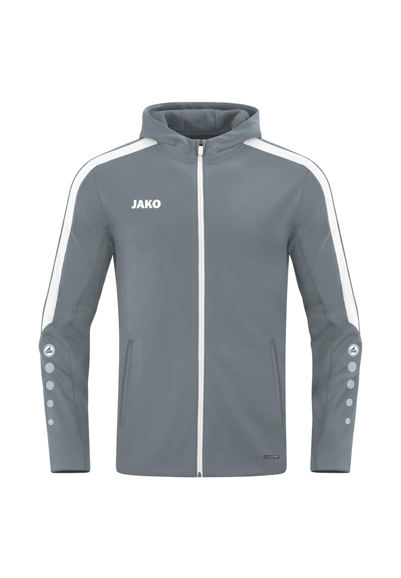 Grau Sportjacke mit durchgehendem Reißverschluss, weißen Akzentstreifen und gepunktetem Ärmelbesatz. Hergestellt aus glattem, leichtem Stoff.
