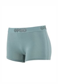 Caleçons boxers pour hommes bleu clair avec logo PSD sur la ceinture élastique, présentés sur un fond blanc.
