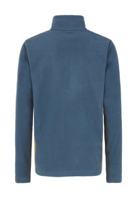 Fleece pullover i blå med høj krave. Har lange ærmer og en glat, blød tekstur. Inkluderer kontrasterende gule sidelæg.