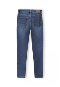 Jeans dżinsowe w ciemnoniebieskim kolorze, charakteryzujące się slim fit, pięciomapowym designem oraz skórzaną metką marki na tylnej części pasa.