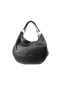 Schwarze Lederhandtasche mit strukturierter Oberfläche, abgerundeter Form, zwei Griffen und einem dreieckigen Logo-Akzent in Goldoptik.