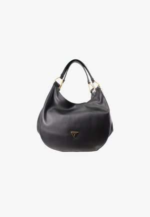Bolso de cuero negro con acabado texturizado, forma redondeada, asas dobles y un adorno de logotipo triangular en tono dorado.