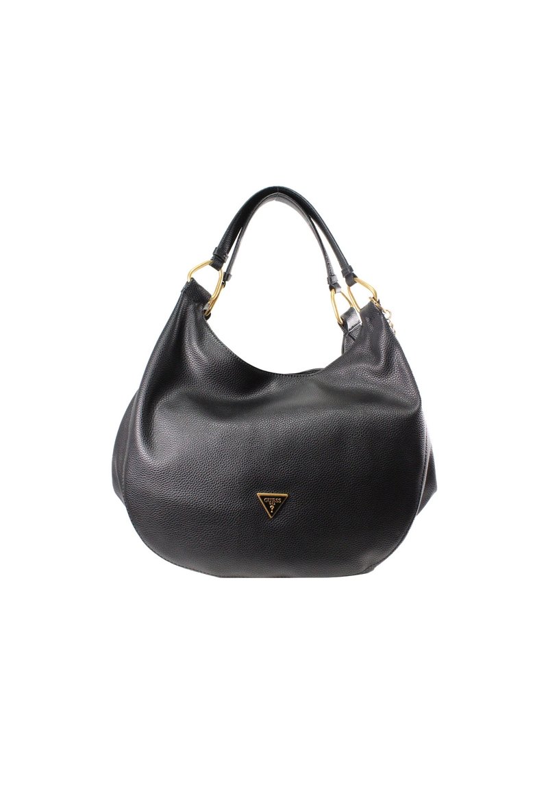 Schwarze Lederhandtasche mit strukturierter Oberfläche, abgerundeter Form, zwei Griffen und einem dreieckigen Logo-Akzent in Goldoptik.